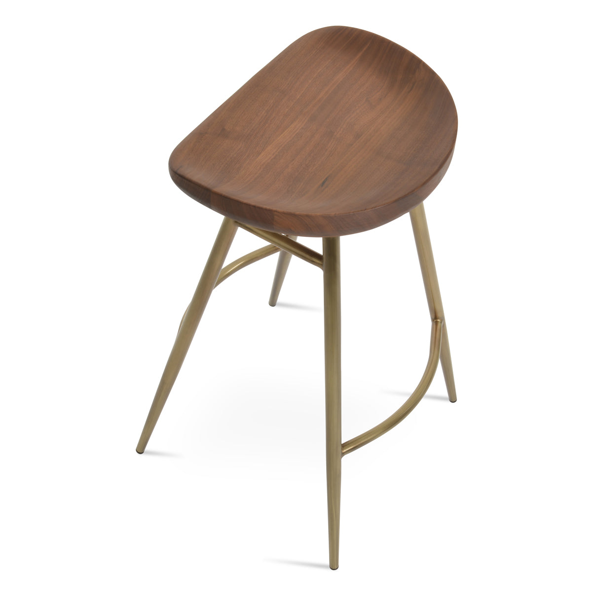 Cattelan Galata Stool by SohoConcept, showing top view of cattelan galata stool in brass plated steel/original walnut wood.