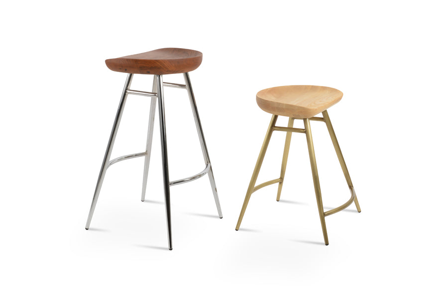 Cattelan Galata Stool by SohoConcept, showing different angle views of cattelan galata stools in chrome/antique brushed ash wood & brass plated steel/natural ash wood.
