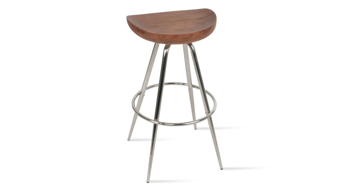 Cattelan Max Swivel Stool by SohoConcept, showing back view of cattelan max swivel stool in polished stainless steel/antique brushed ash wood.