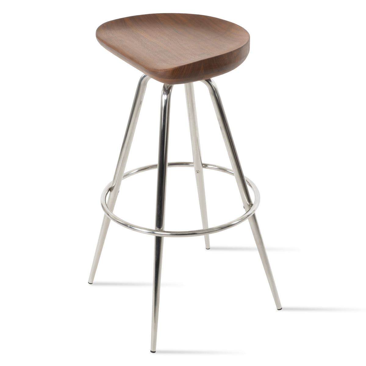 Cattelan Max Swivel Stool by SohoConcept, showing angle view of cattelan max swivel stool in polished stainless steel/original walnut wood.