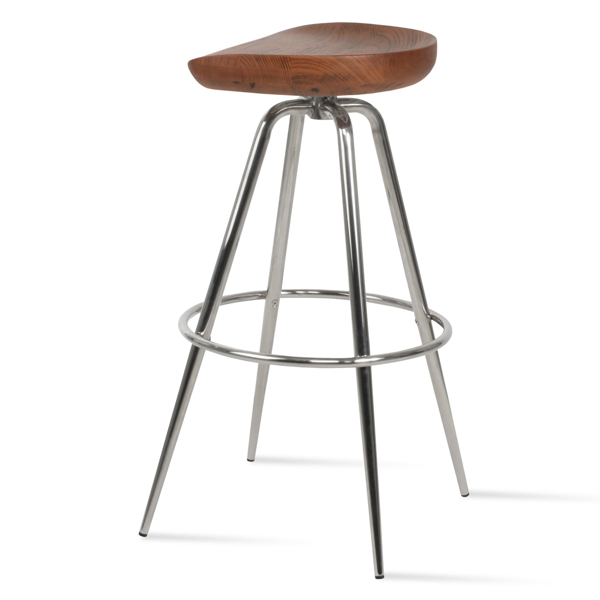 Cattelan Max Swivel Stool by SohoConcept, showing side view of cattelan max swivel stool in polished stainless steel/antique brushed ash wood.