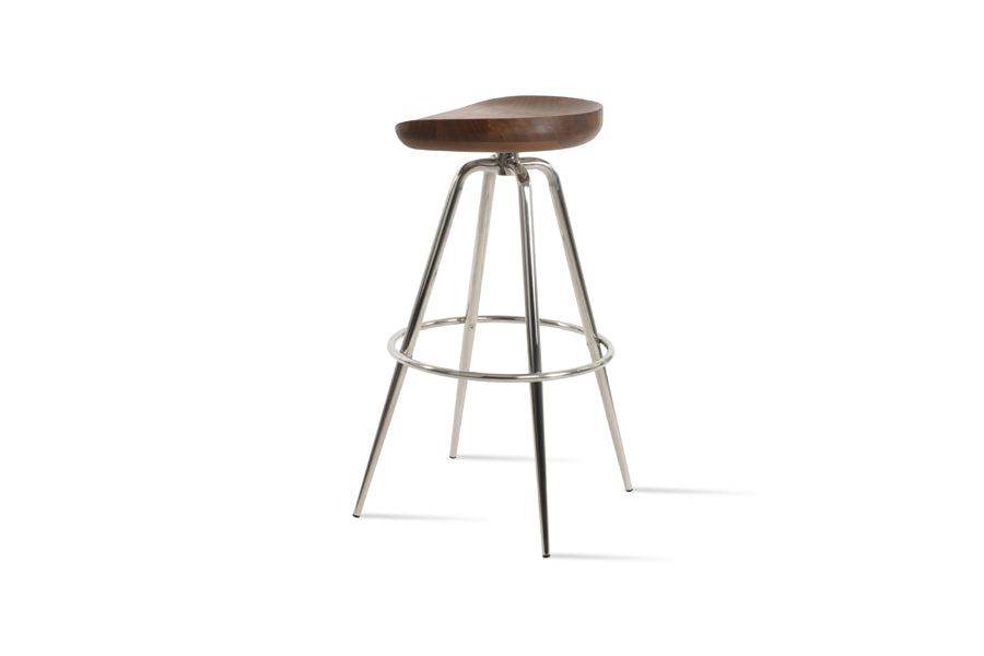 Cattelan Max Swivel Stool by SohoConcept, showing side view of cattelan max swivel stool in polished stainless steel/original walnut wood.