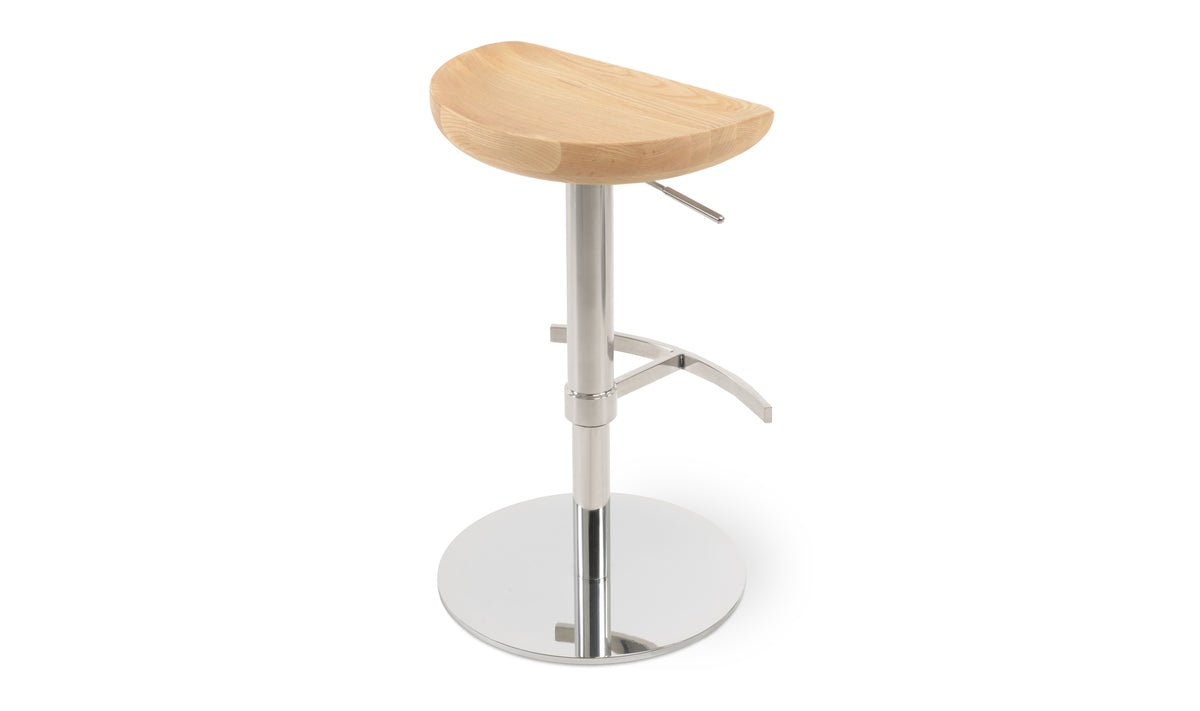 Cattelan Piston Stool by SohoConcept, showing back view of cattelan piston stool in round t-footrest/polished stainless steel/natural ash wood.
