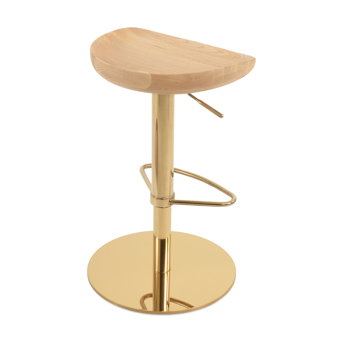 Cattelan Piston Stool by SohoConcept, showing back view of cattelan piston stool in round half footrest/polished gold steel/natural ash wood.
