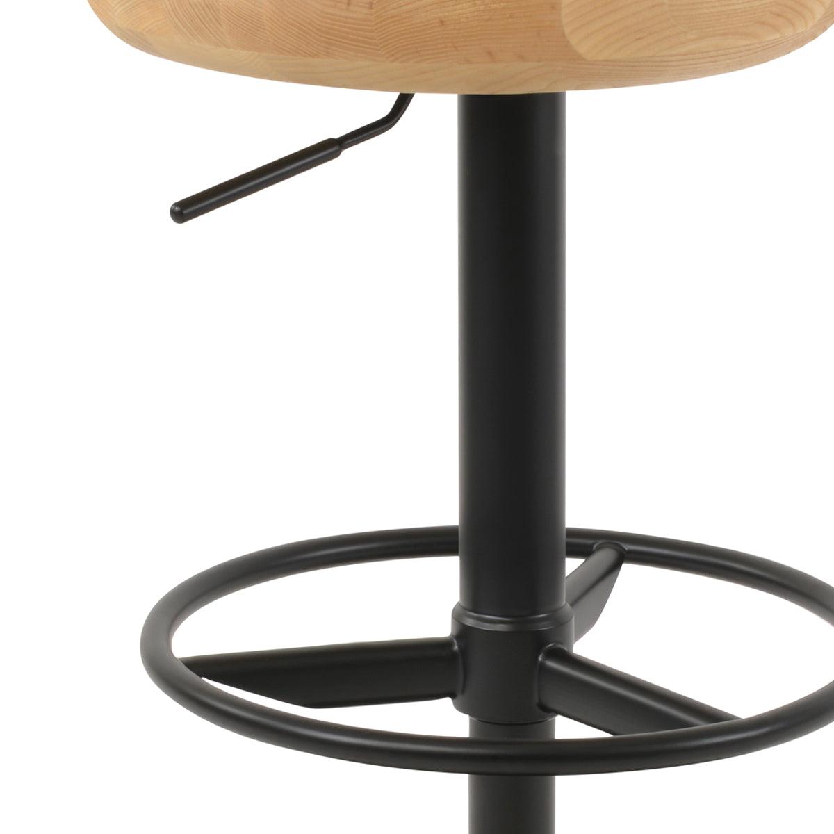 Cattelan Piston Stool by SohoConcept, showing closeup view of cattelan piston stool in round full footrest/black stainless steel/natural ash wood.
