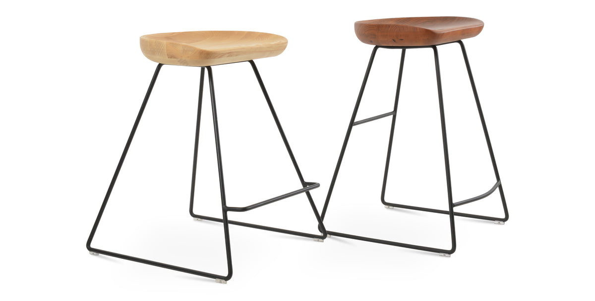 Cattelan PR Wire Stool by SohoConcept, showing angle views of cattelan pr wire stools in black powder wire/antique brushed ash wood & natural ash wood.