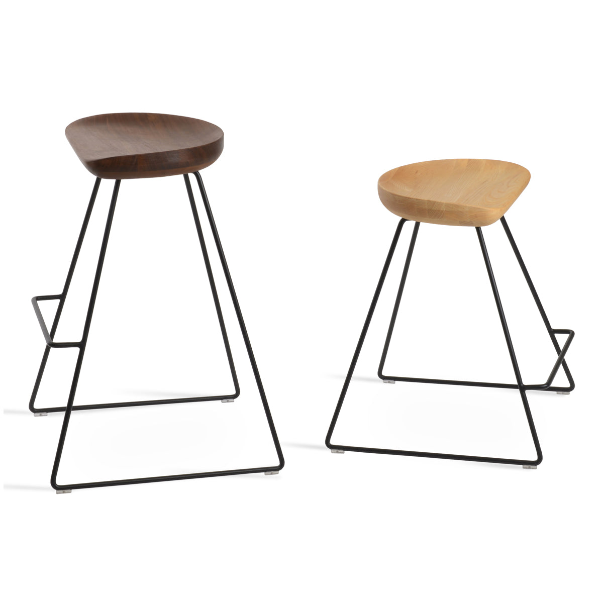 Cattelan PR Wire Stool by SohoConcept, showing angle views of cattelan pr wire stools in black powder wire/original walnut wood & natural ash wood.