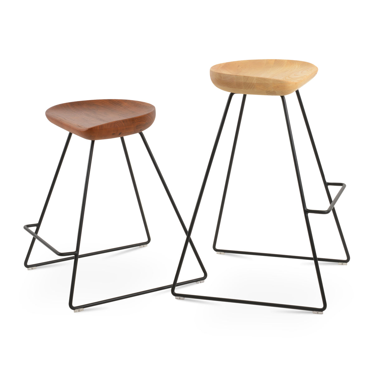Cattelan PR Wire Stool by SohoConcept, showing angle views of cattelan pr wire stools in black powder wire/antique brushed ash wood & natural ash wood.
