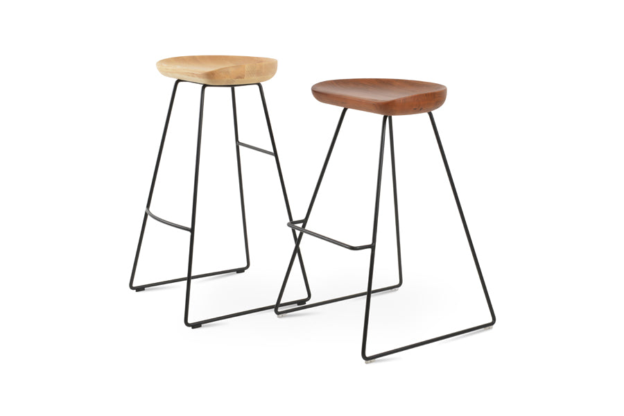 Cattelan PR Wire Stool by SohoConcept, showing angle views of cattelan pr wire stools in black powder wire/antique brushed ash wood & natural ash wood.