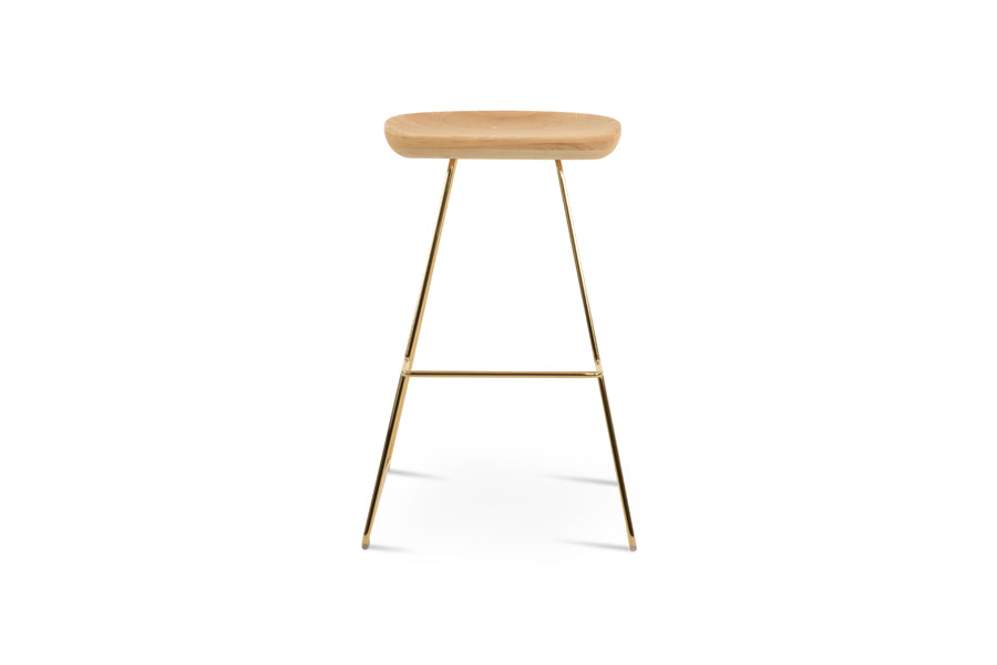 Cattelan PR Wire Stool by SohoConcept, showing front view of cattelan pr wire stool in gold plated wire/natural ash wood.