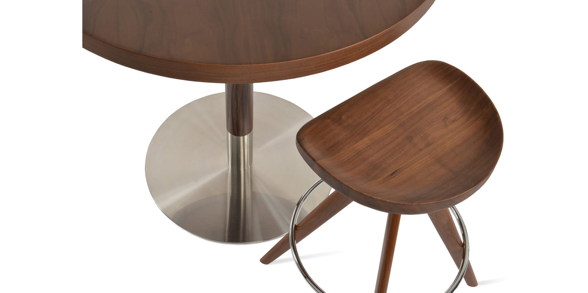 Cattelan Pyramid-MW Stool by SohoConcept, showing top view of cattelan pyramid-mw stool in walnut veneer steel/original walnut wood with counter table.