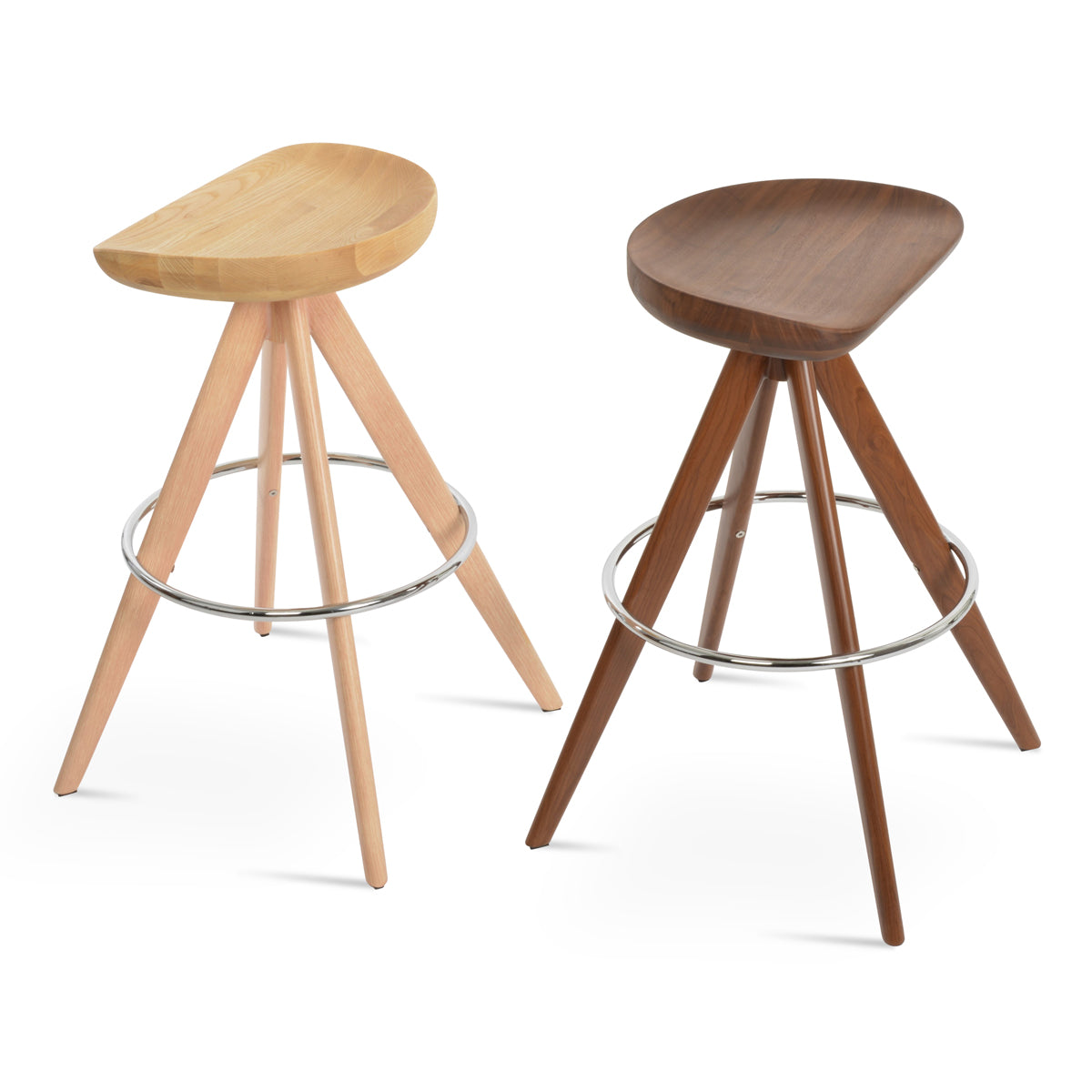 Cattelan Pyramid-MW Stool by SohoConcept, showing different angle views of cattelan pyramid-mw stools in natural veneer steel/natural ash wood & walnut veneer steel/original walnut wood.