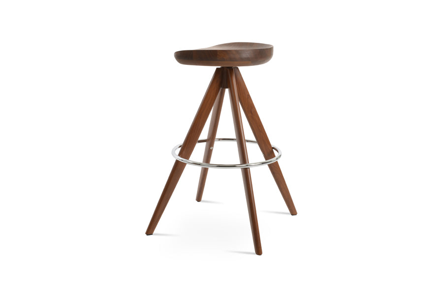 Cattelan Pyramid-MW Stool by SohoConcept, showing back view of cattelan pyramid-mw stool in walnut veneer steel/original walnut wood.