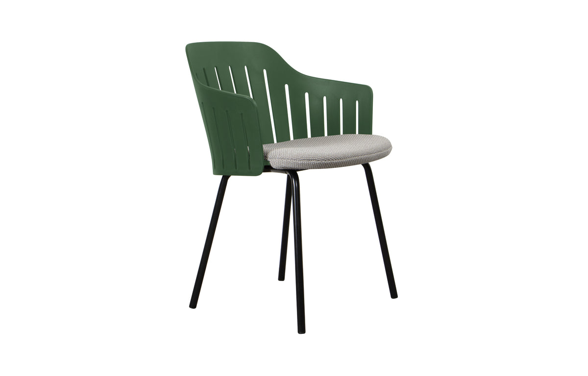 Choice 4 Legs Outdoor Chair by Cane-Line - Dark Green PP Seat, Light Grey Focus Seat Cushion.