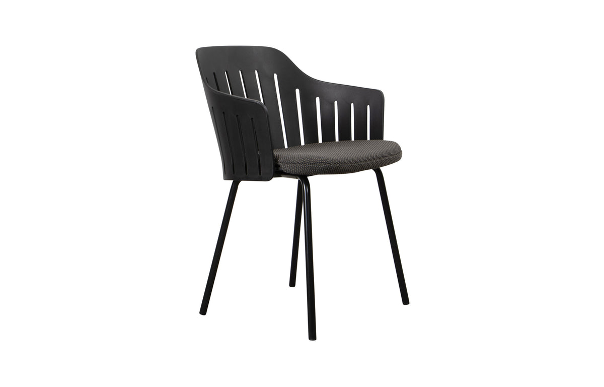 Choice 4 Legs Outdoor Chair by Cane-Line - Black PP Seat, Dark Grey Focus Seat Cushion.