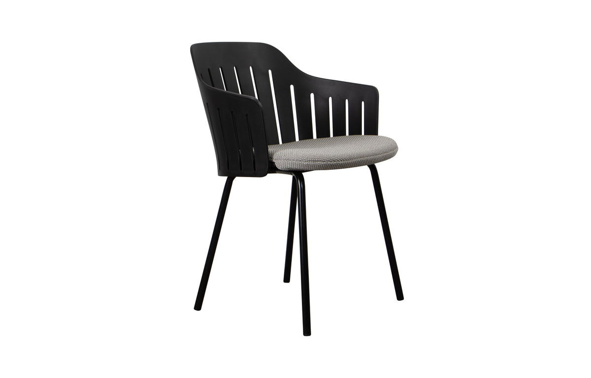 Choice 4 Legs Outdoor Chair by Cane-Line - Black PP Seat, Light Grey Focus Seat Cushion.