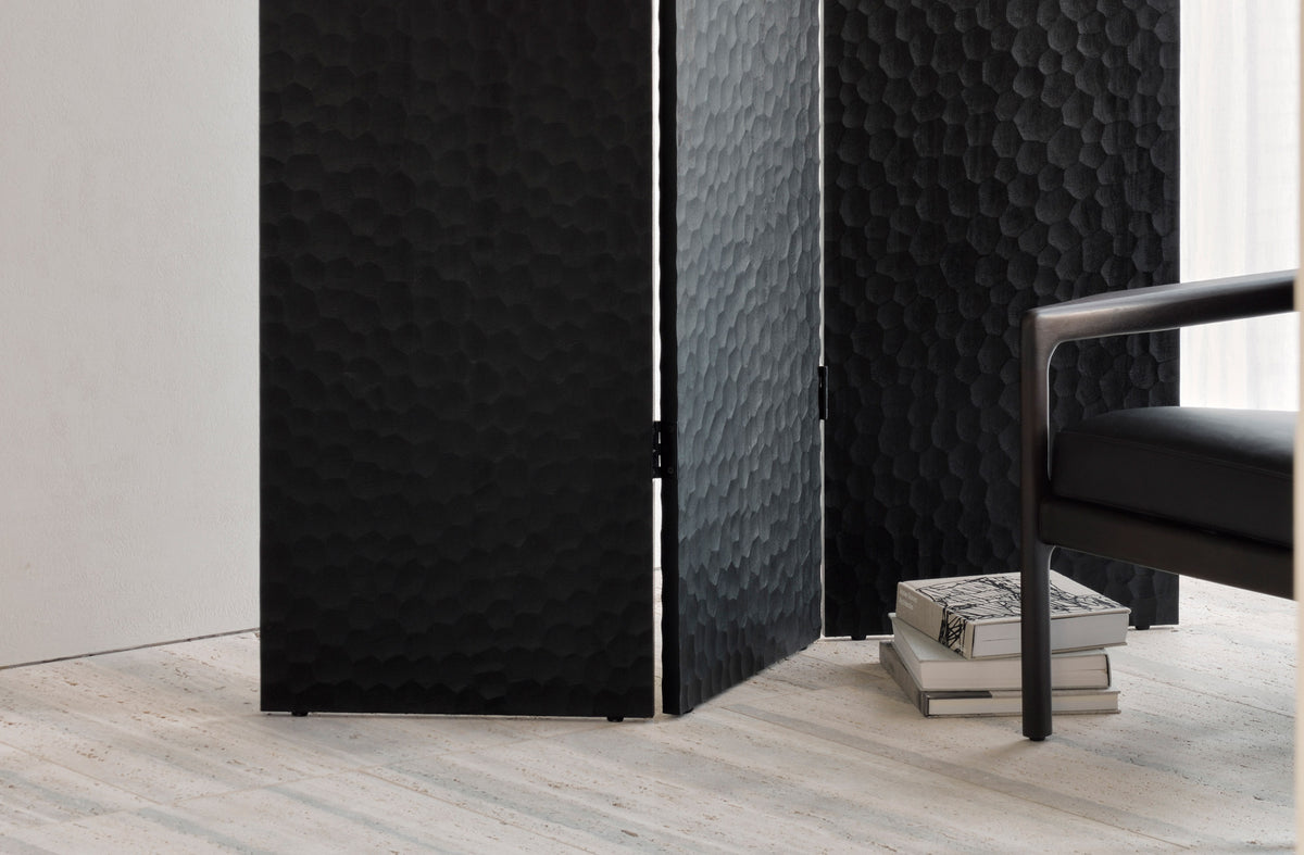 Chopped Room Divider by Ethnicraft, showing closeup view of chopped room divider in live shot.
