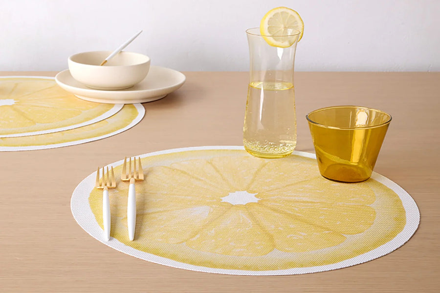 Citrus Placemat by Chilewich, showing citrus placemats in live shot.