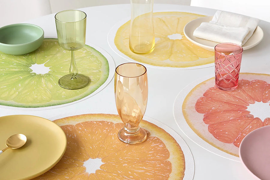 Citrus Placemat by Chilewich, showing citrus placemats in live shot.