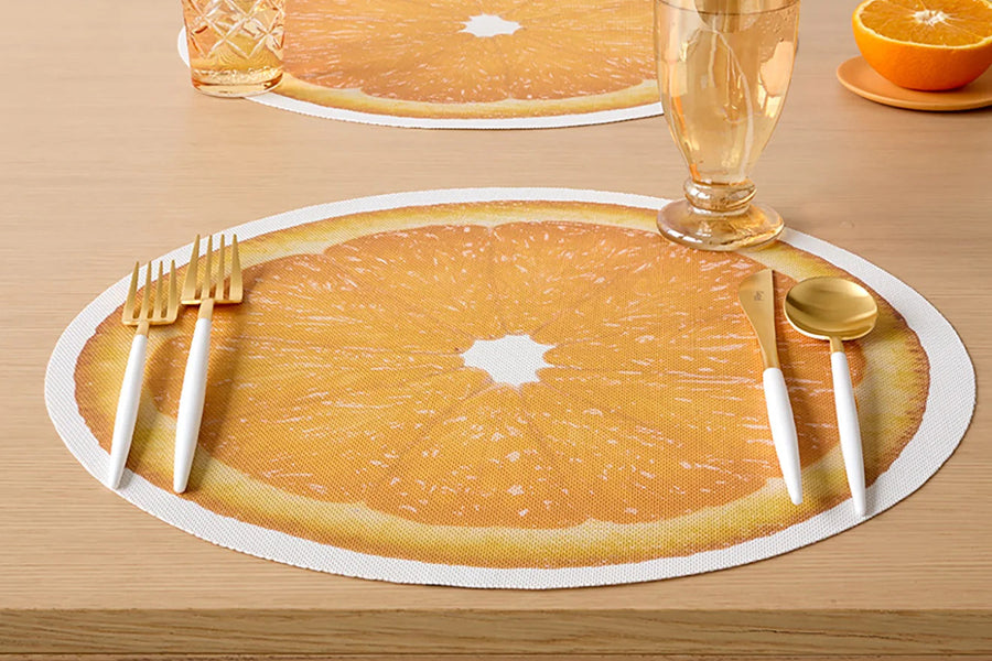 Citrus Placemat by Chilewich, showing citrus placemats in live shot.