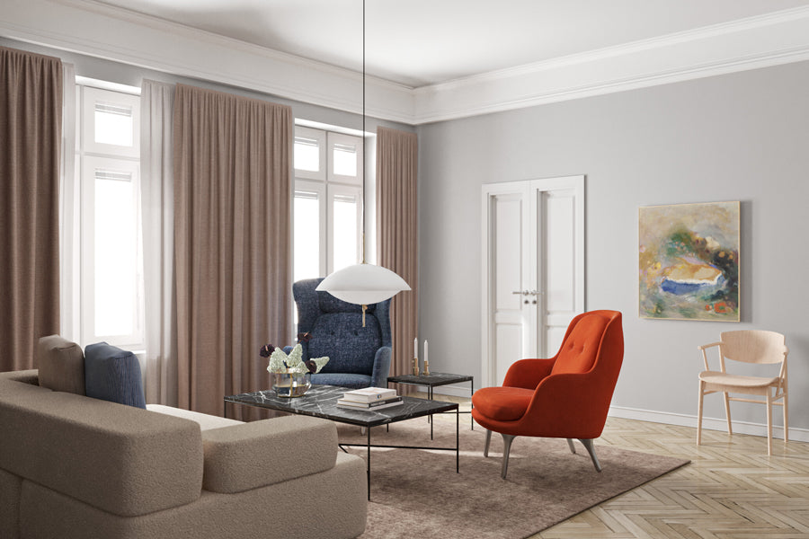 Clam Pendant by Fritz Hansen, showing clam pendant in live shot.