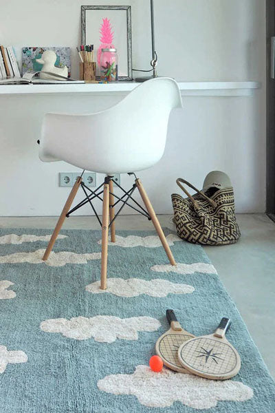 Clouds Washable Rug by Lorena Canals, showing clouds washable rug in live shot.