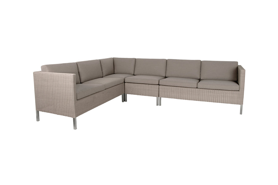Connect Outdoor Dining Lounge by Cane-Line, showing connect outdoor lounges in taupe natte cushion set.