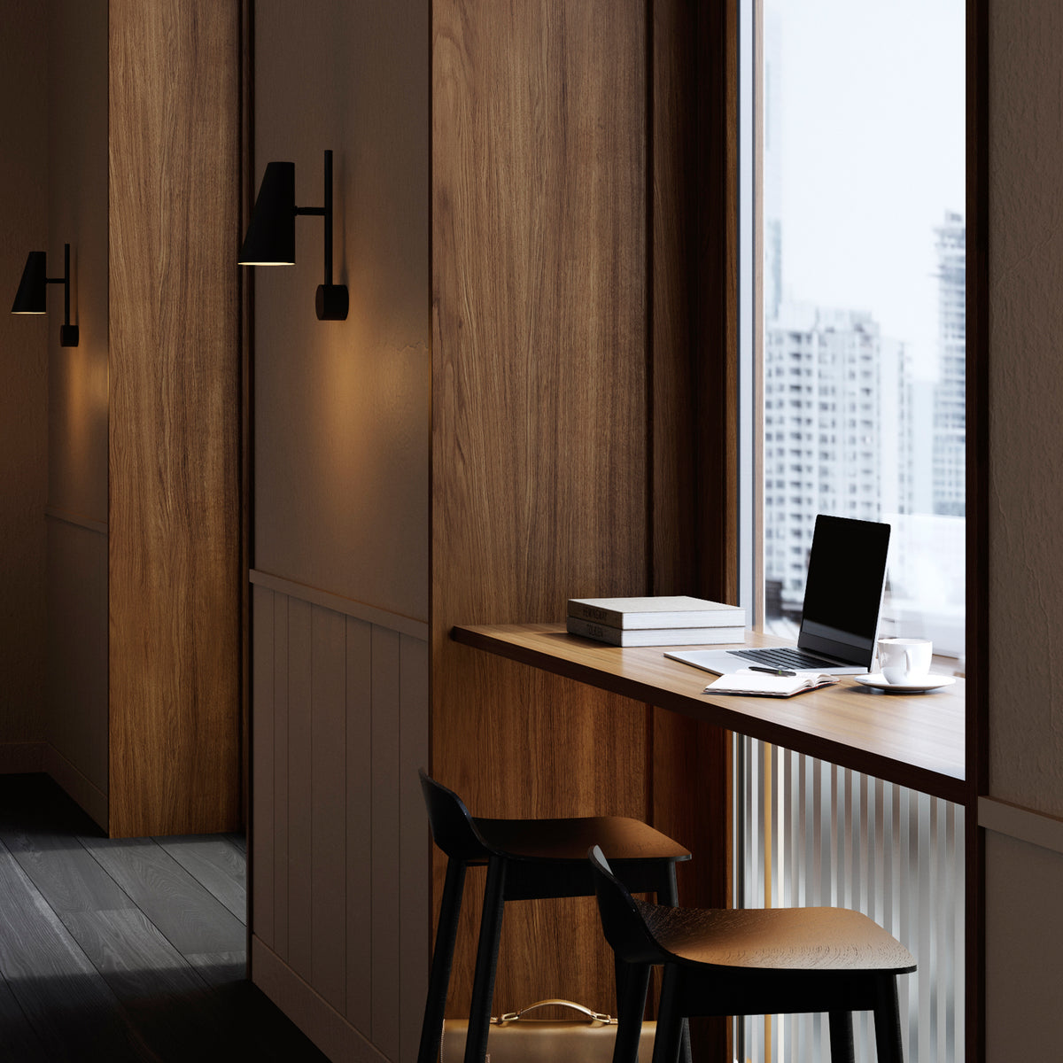 Cono Wall Lamp by Woud, showing cono wall lamp in live shot.