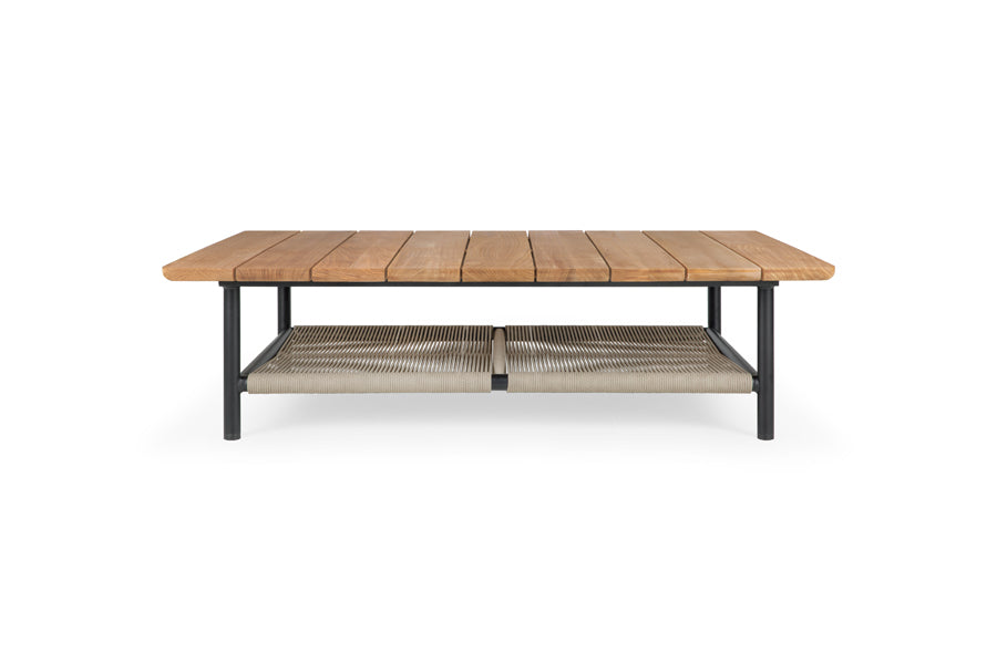 Corbey Outdoor Coffee Table by Ethnicraft, showing front view of corbey outdoor coffee table in rectangular/teak top/black aluminium base.