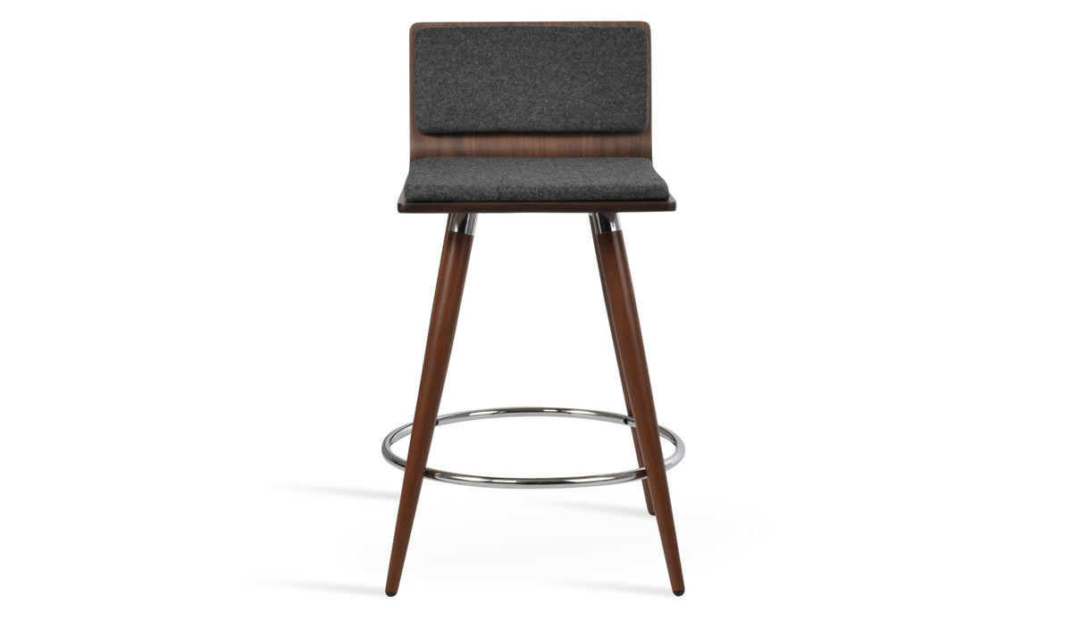 Corona Ana Bar Stool by SohoConcept, showing front view of corona ana bar stool in walnut veneer steel with chrome ring and footrest/american walnut plywood seat/camira blazer dark grey wool.