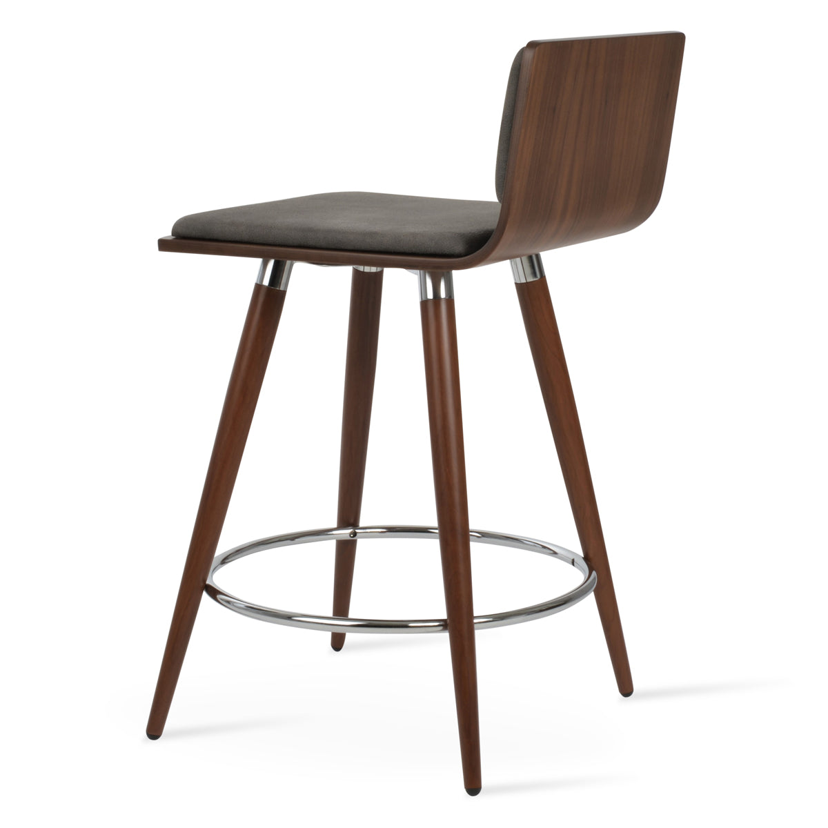 Corona Ana Bar Stool by SohoConcept, showing back view of corona ana bar stool in walnut veneer steel with chrome ring and footrest/american walnut plywood seat/nubuck smoke grey fabric.