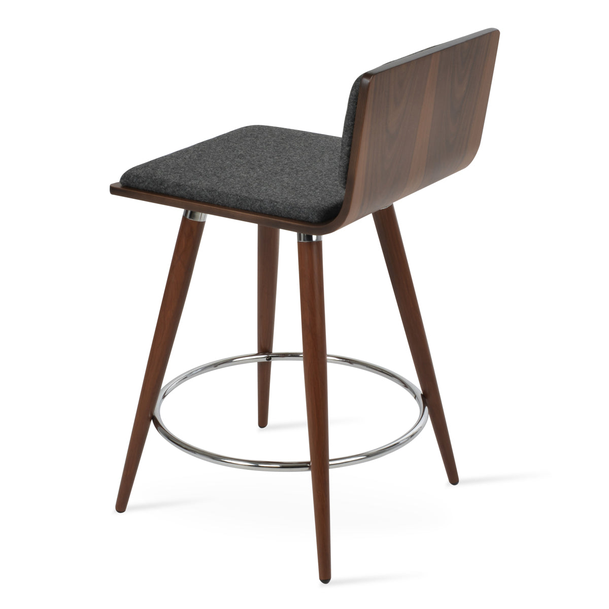 Corona Ana Bar Stool by SohoConcept, showing back view of corona ana bar stool in walnut veneer steel with chrome ring and footrest/american walnut plywood seat/camira blazer dark grey wool.