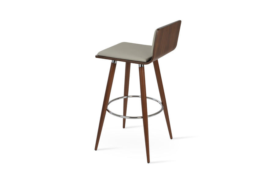 Corona Ana Bar Stool by SohoConcept, showing back view of corona ana bar stool in walnut veneer steel with chrome ring and footrest/american walnut plywood seat/light grey leatherette.