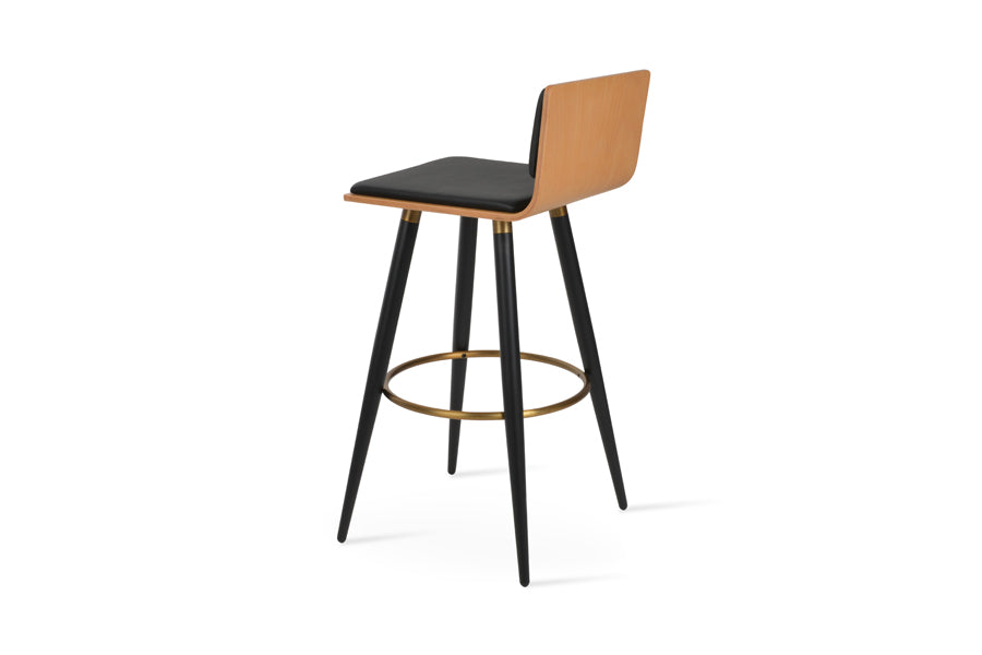 Corona Ana Bar Stool by SohoConcept, showing back view of corona ana bar stool in black powder steel with brass ring and footrest/natural plywood seat/black leatherette.
