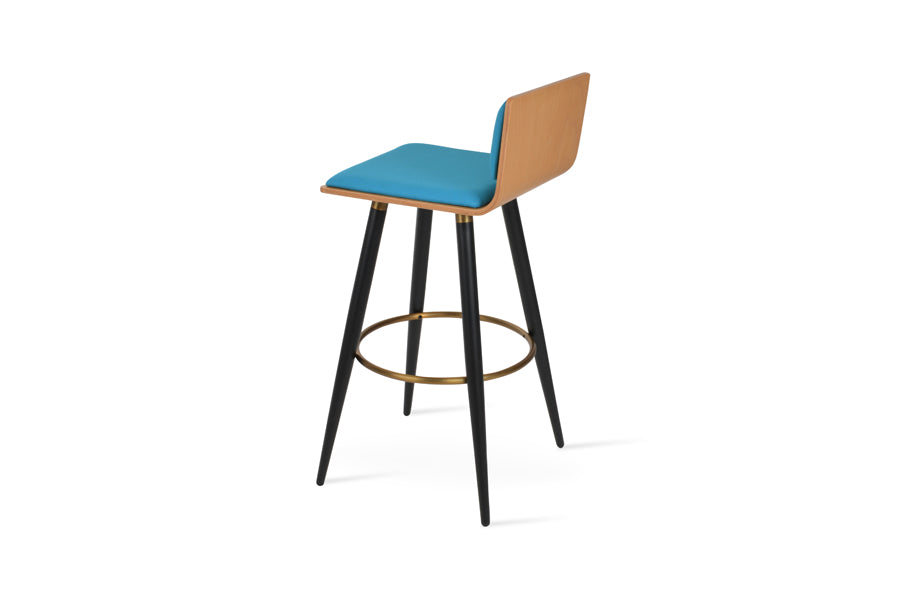 Corona Ana Bar Stool by SohoConcept, showing back view of corona ana bar stool in black powder steel with brass ring and footrest/natural plywood seat/camira era turquoise fabric.