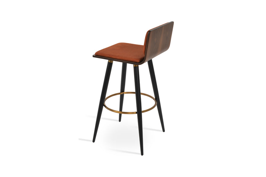 Corona Ana Bar Stool by SohoConcept, showing back view of corona ana bar stool in black powder steel with brass ring and footrest/american walnut plywood seat/nubuck cognac fabric.