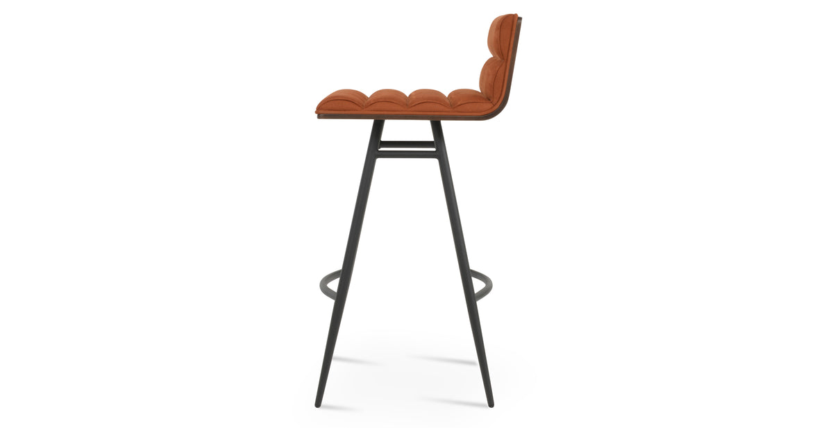 Corona Comfort Galata Stool by SohoConcept, showing side view of corona comfort galata stool in black powder steel/nubuck cognac fabric.