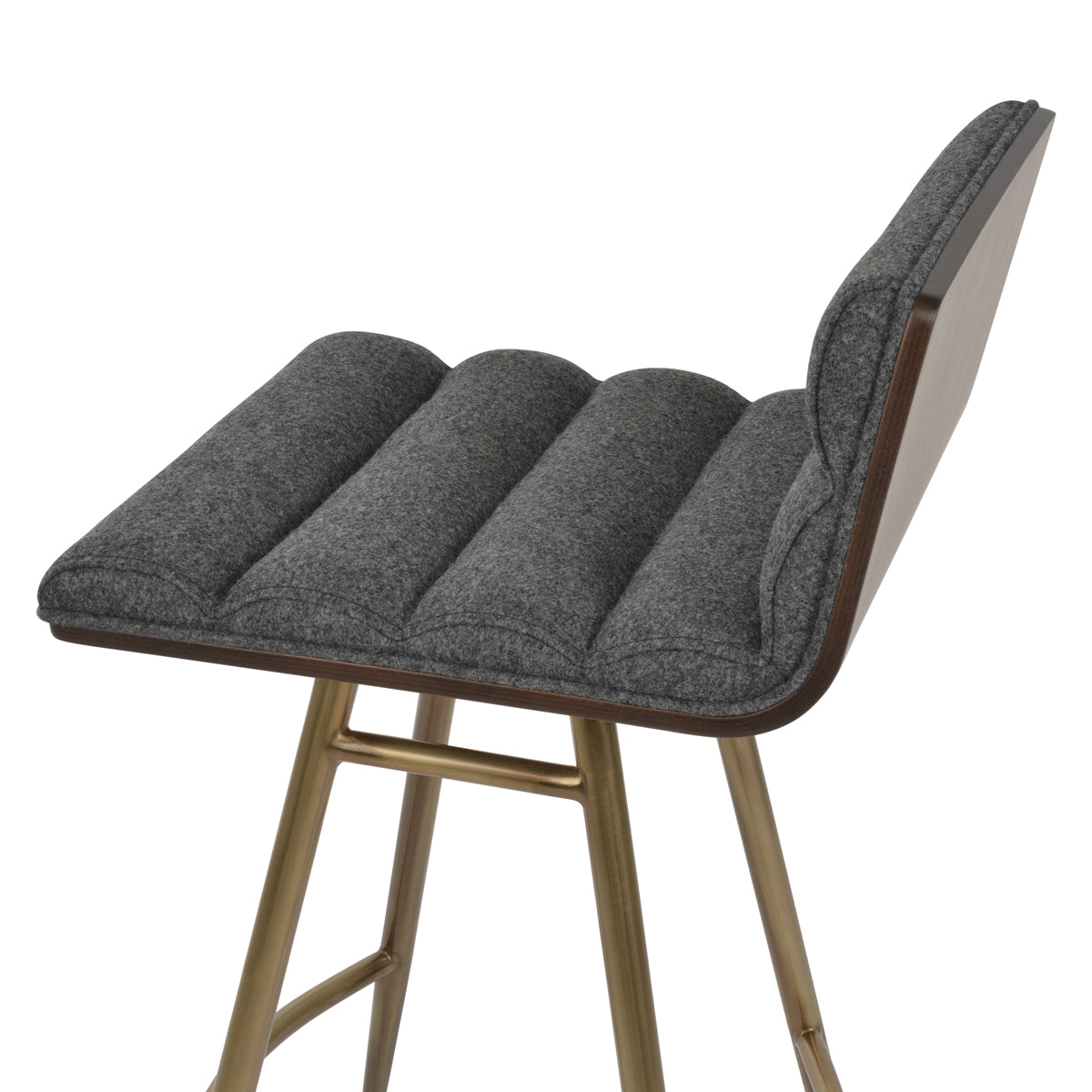 Corona Comfort Galata Stool by SohoConcept, showing closeup view of corona comfort galata stool in brass plated steel/camira blazer dark grey wool.