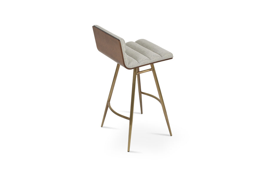 Corona Comfort Galata Stool by SohoConcept, showing back view of corona comfort galata stool in brass plated steel/camira blazer silver wool.