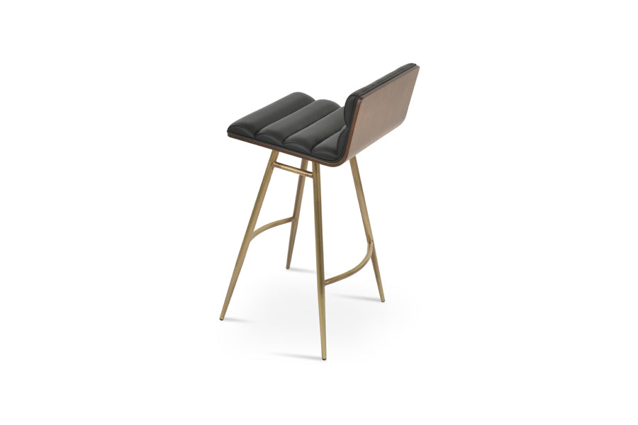 Corona Comfort Galata Stool by SohoConcept, showing back view of corona comfort galata stool in brass plated steel/black leatherette.