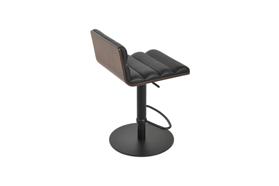 Corona Comfort Half Piston Stool by SohoConcept, showing back view of corona comfort half piston stool in round/black stainless steel/black leatherette.