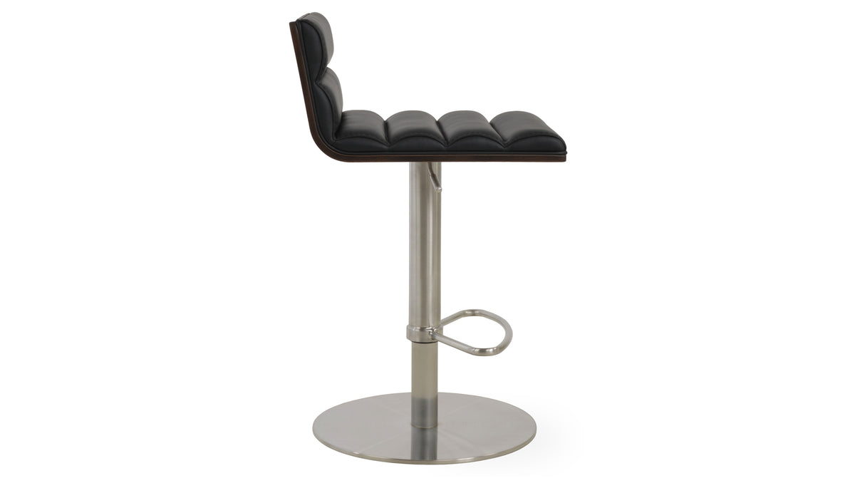 Corona Comfort Half Piston Stool by SohoConcept, showing side view of corona comfort half piston stool in round/brushed stainless steel/black leatherette.