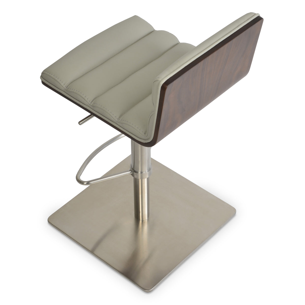 Corona Comfort Half Piston Stool by SohoConcept, showing top view of corona comfort half piston stool in square/brushed stainless steel/light grey leatherette.
