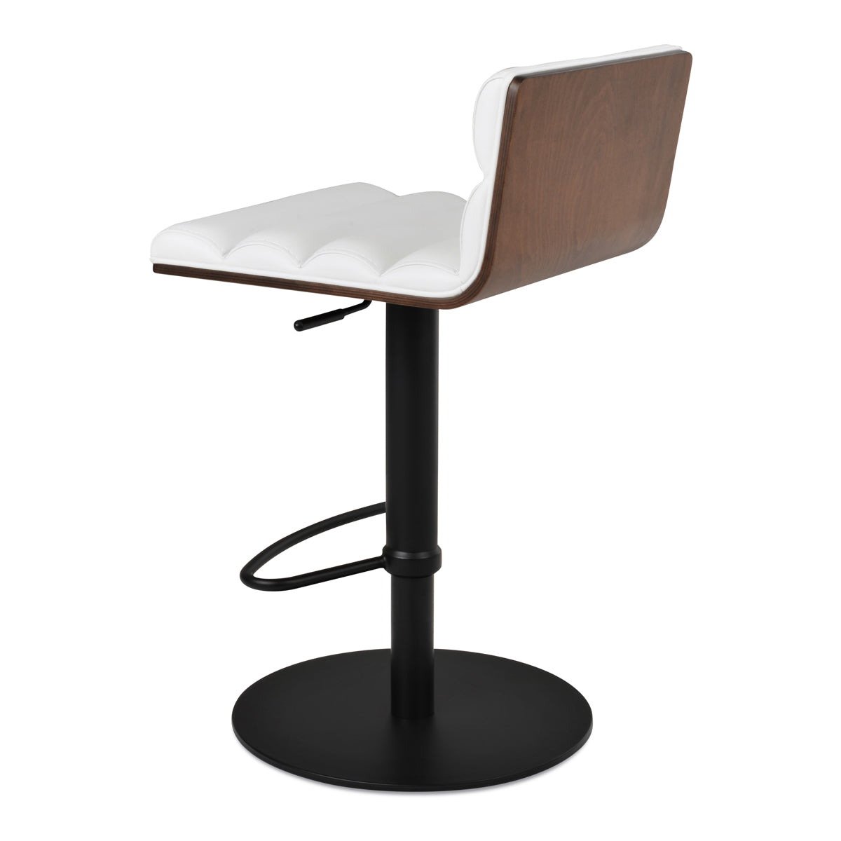 Corona Comfort Half Piston Stool by SohoConcept, showing back view of corona comfort half piston stool in round/black stainless steel/white leatherette.