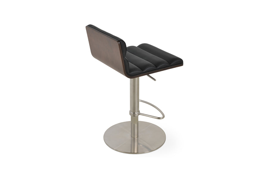 Corona Comfort Half Piston Stool by SohoConcept, showing back view of corona comfort half piston stool in round/brushed stainless steel/black leatherette.