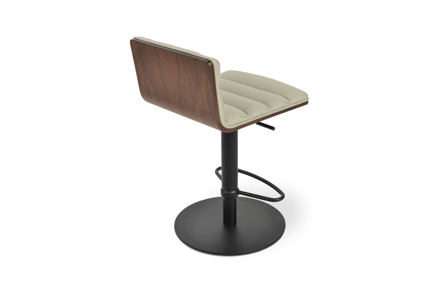 Corona Comfort Half Piston Stool by SohoConcept, showing back view of corona comfort half piston stool in round/black stainless steel/light grey leatherette.