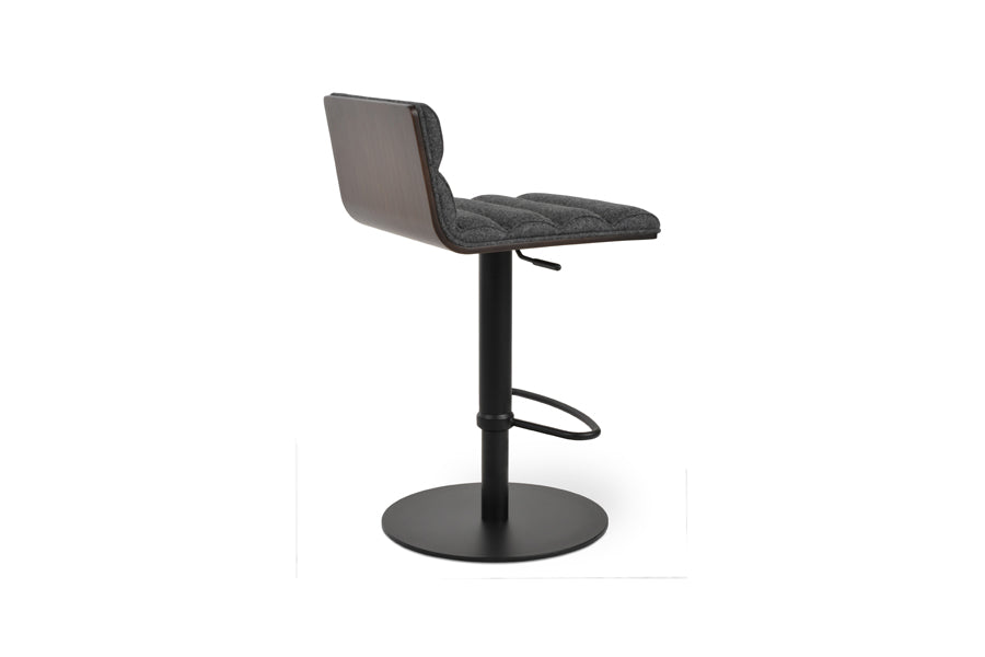 Corona Comfort Half Piston Stool by SohoConcept, showing back view of corona comfort half piston stool in round/black stainless steel/camira blazer dark grey wool.