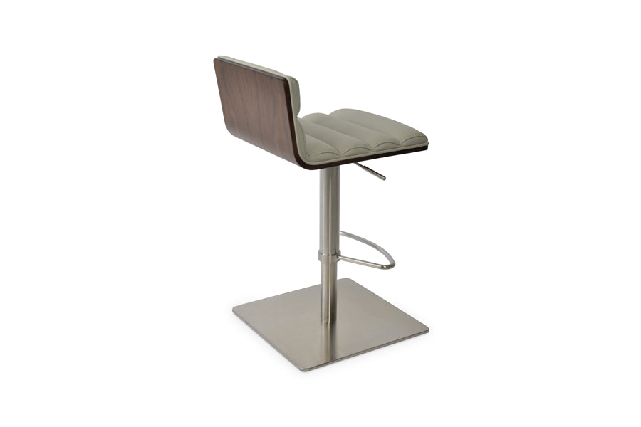 Corona Comfort Half Piston Stool by SohoConcept, showing back view of corona comfort half piston stool in square/brushed stainless steel/light grey leatherette.