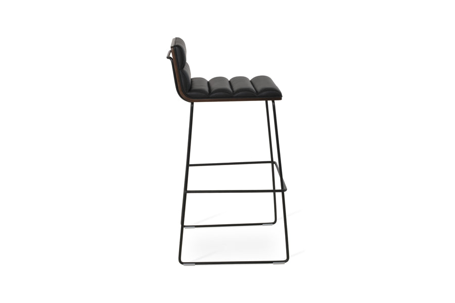 Corona Comfort Handle Back Wire Stool by SohoConcept, showing side view of corona comfort handle back wire stool in black wire/american walnut veneer plywood/black leatherette.