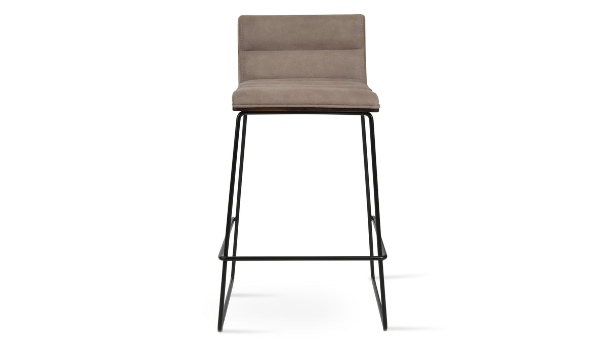 Corona Comfort Handle Back Wire Stool by SohoConcept, showing front view of corona comfort handle back wire stool in black wire/american walnut veneer plywood/nubuck smoke coffee fabric.
